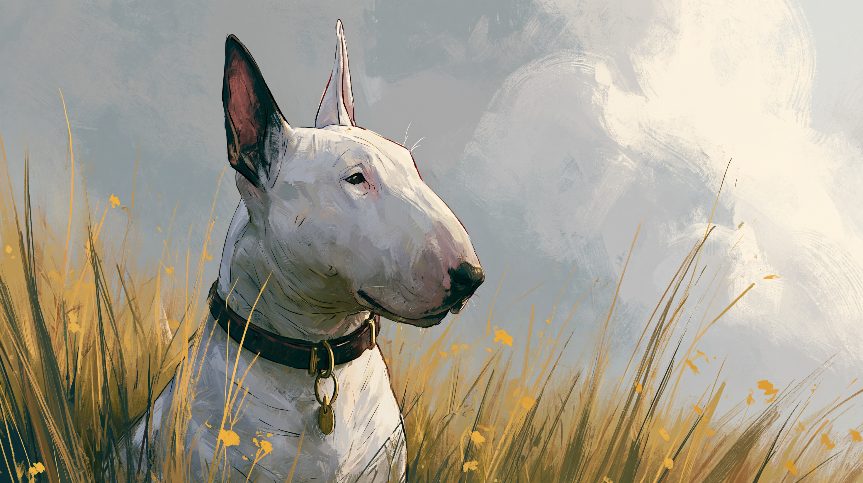 Bull terrier standing in tall golden grass